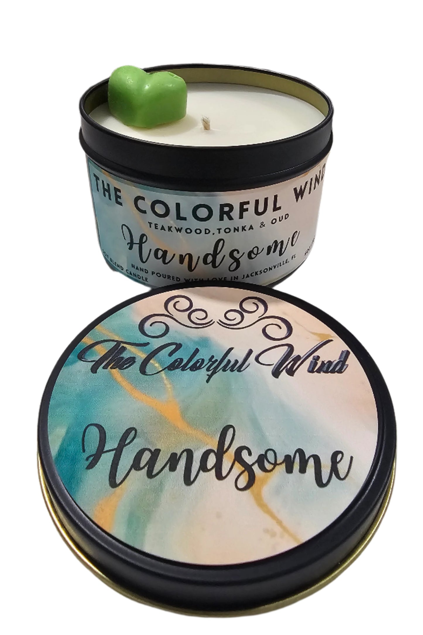 Handsome Medium Candle in black tin with white and gold label