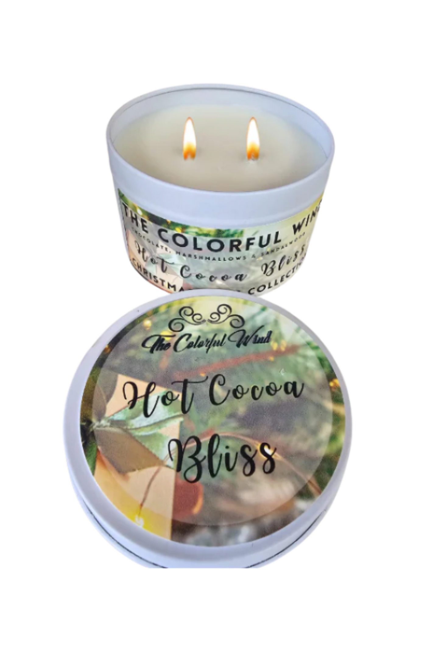 Hot Cocoa Bliss Medium Candle in a white tin with a green and gold label.