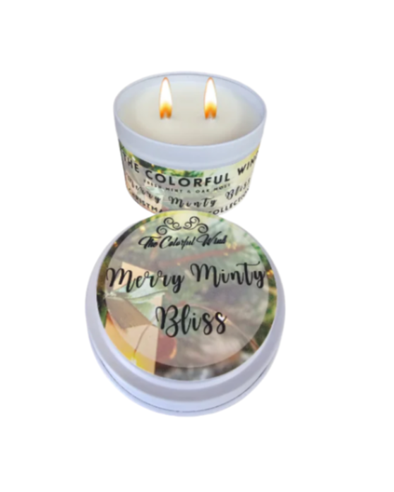 Merry Minty Bliss Medium Candle in a white tin with a green and gold label.