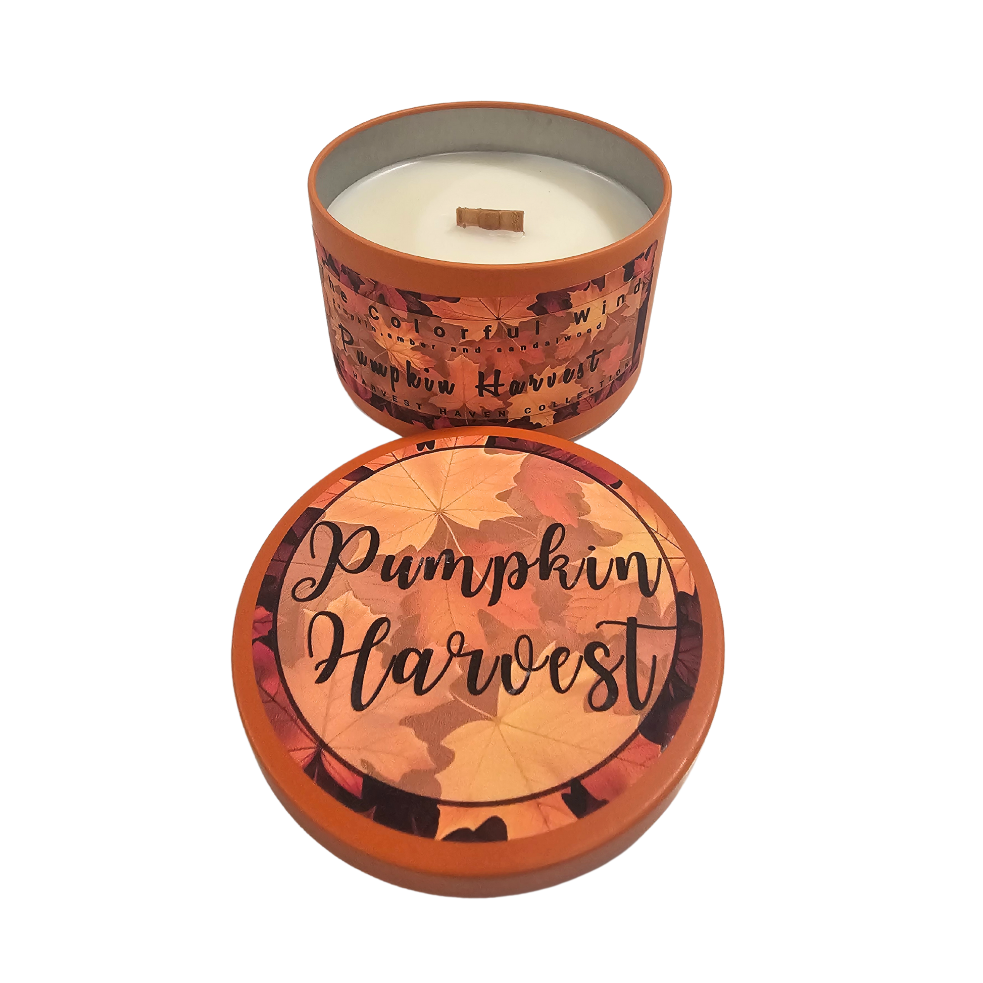 Pumpkin Harvest Medium Candle in an orange tin with harvest colors.