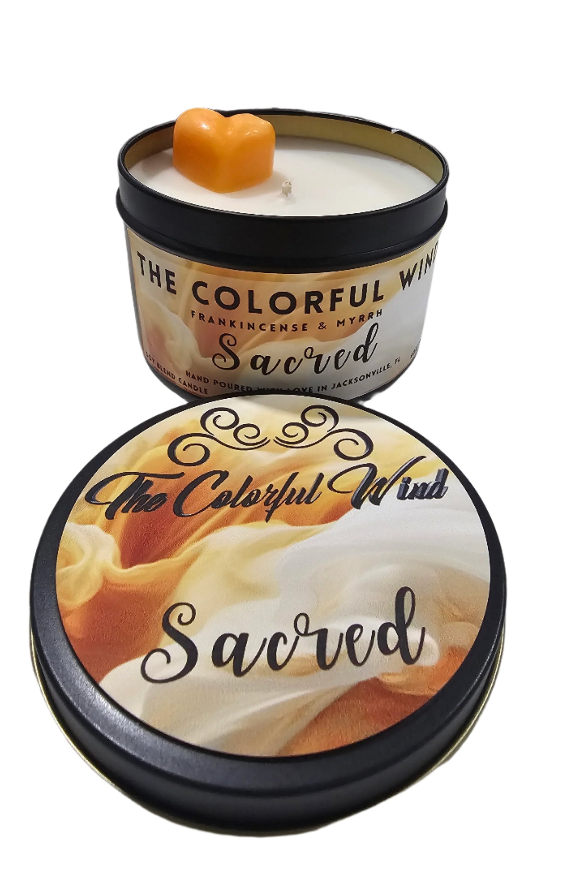 Sacred Medium Candle with bronze label in black tin