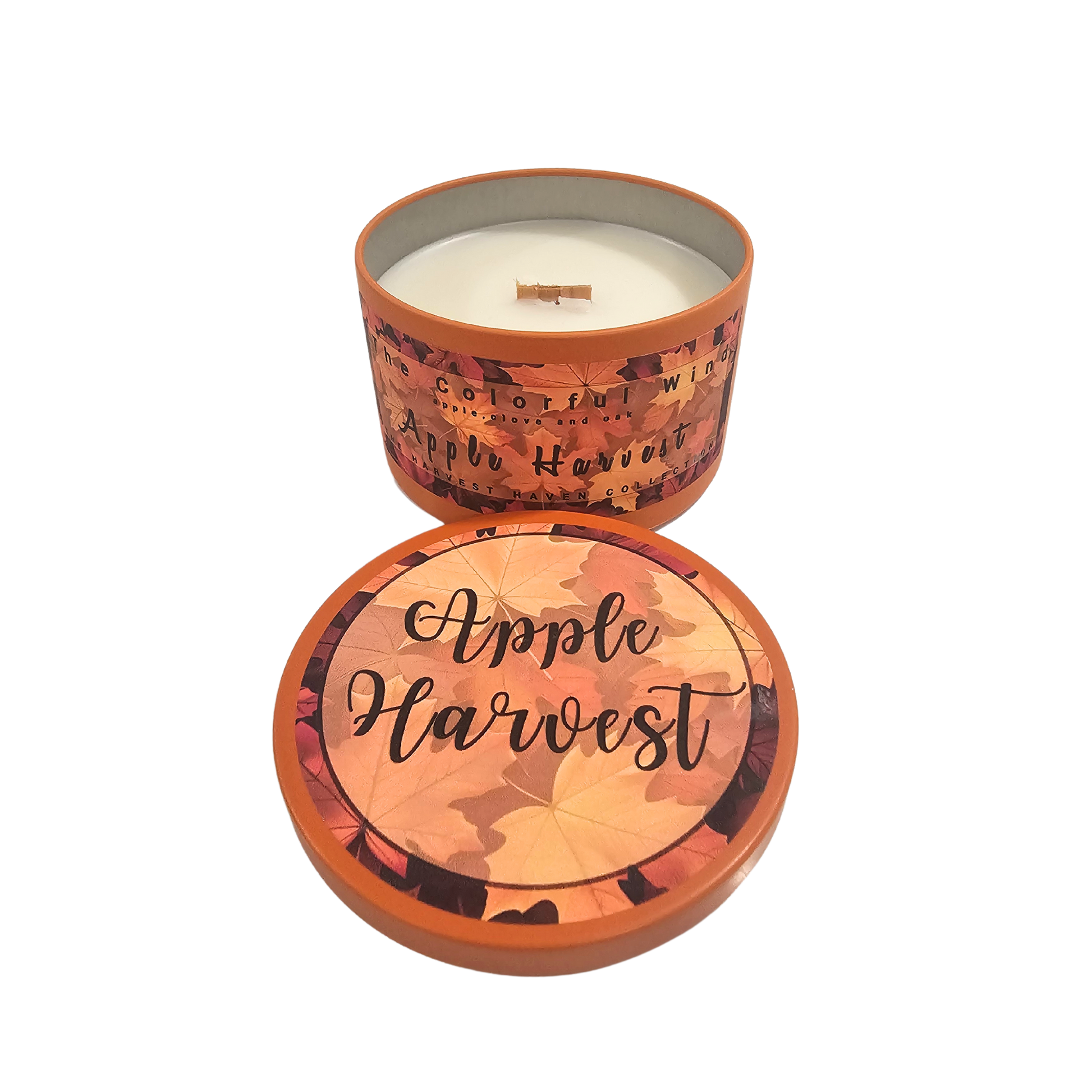 Apple Harvest Medium Candle in orange tin with harvest colors.