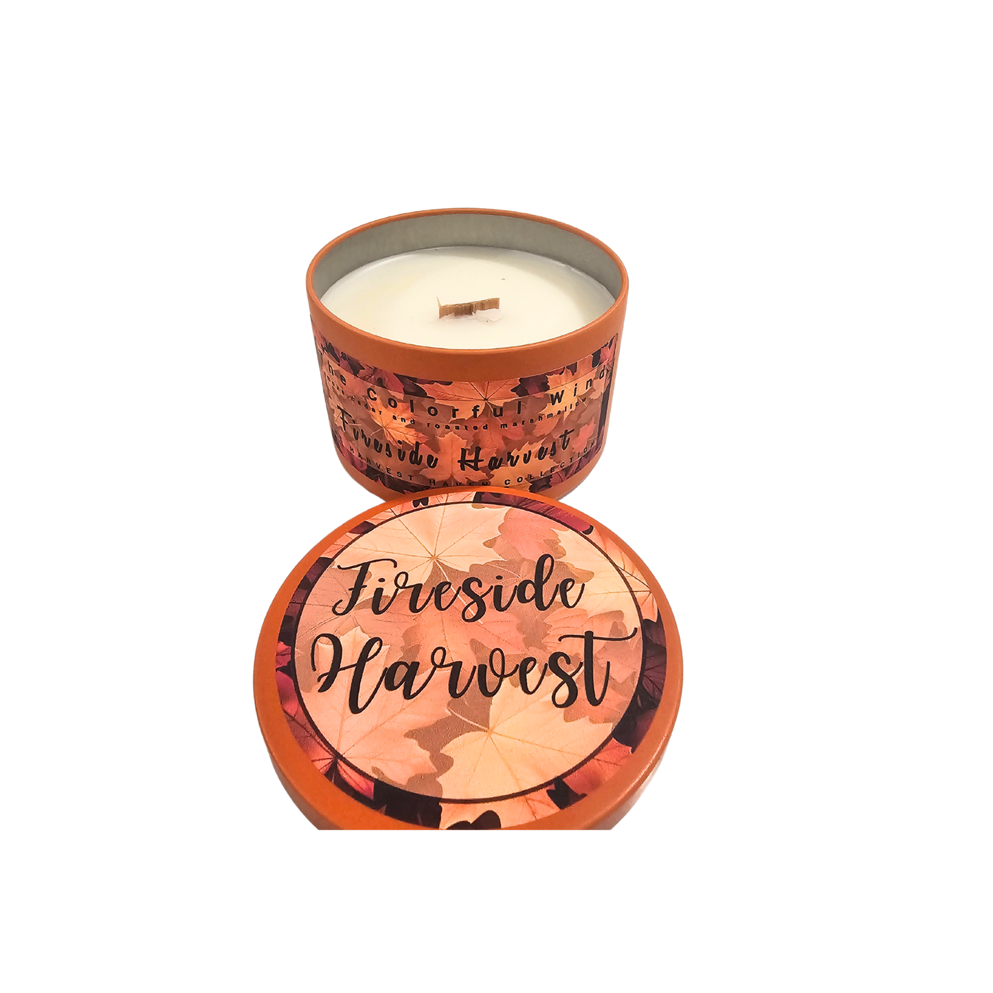 Fireside Harvest Medium Candle in orange tin with harvest colors.